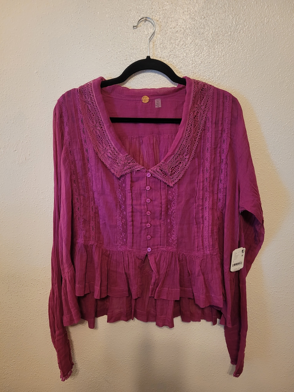 Free People Elodie Blouse Dragonfruit Pink Lace Boho Peplum Top S NWT